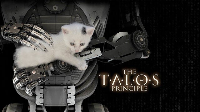 Kitten sitting on robot arm, "The Talos Principle" video game logo.