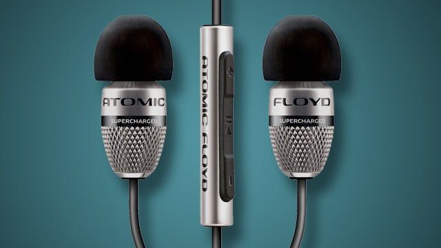 Atomic Floyd SuperDarts Titanium earphones against a teal background