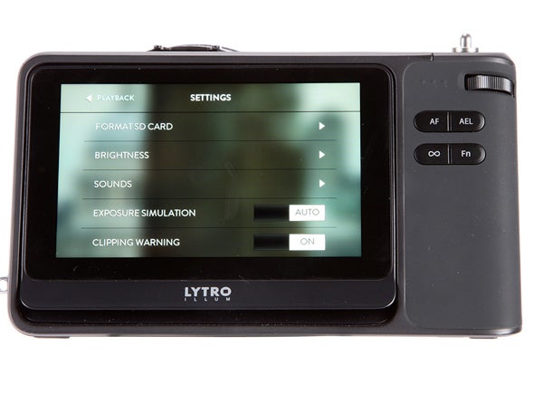 Lytro Illum camera showing settings on rear screen.