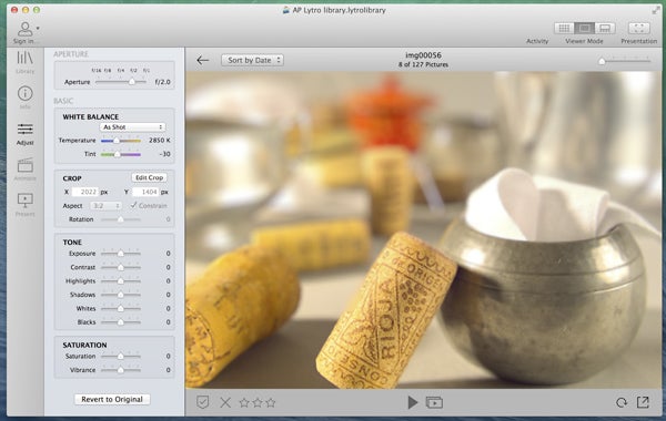 Lytro Illum camera interface with selective focus on corks.