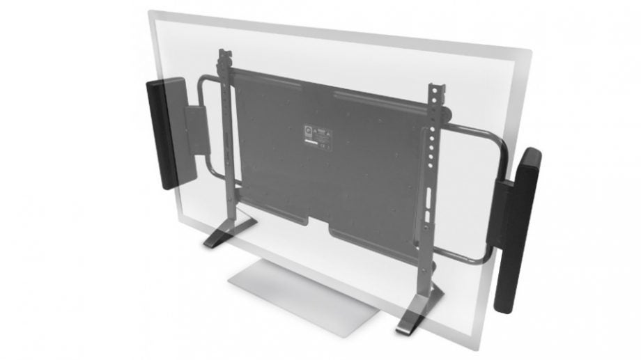 Q Acoustics Q-TV2 speakers attached to flat-screen TV rear.