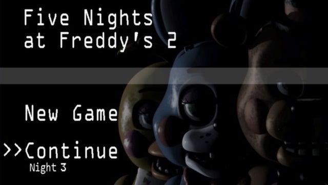 Five Nights at Freddy's 2 game start screen with animatronics.