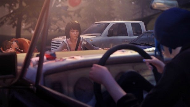 Characters in a car, tense moment, Life is Strange scene.