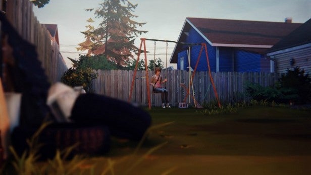Scene from Life is Strange with character on swing set.