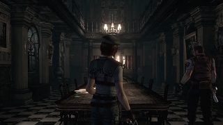 Resident Evil HD game screenshot with characters in mansion hall.