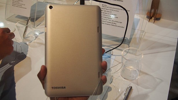 Person holding Toshiba Encore 2 Write tablet on display.Hand holding the Toshiba Encore 2 Write tablet.
