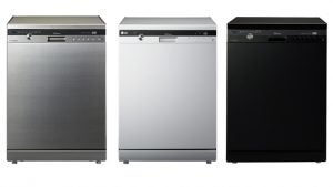 LG D1484CF dishwasher in three color options side by side.