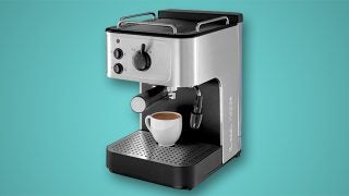 Russell Hobbs Allure 18623 espresso machine with coffee cup.