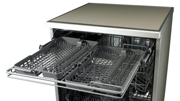 LG D1484CF dishwasher open showing racks and interior.