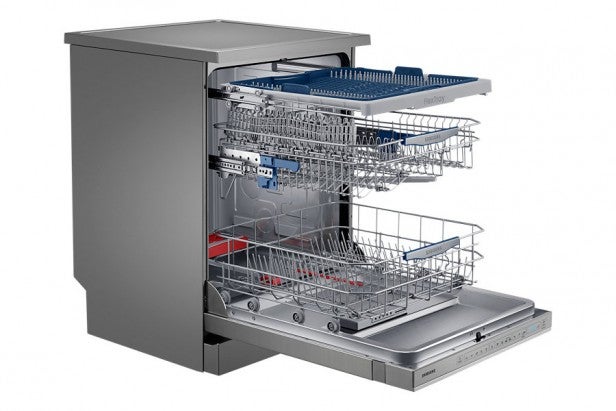 Samsung DW60H9970FS dishwasher with open door and racks