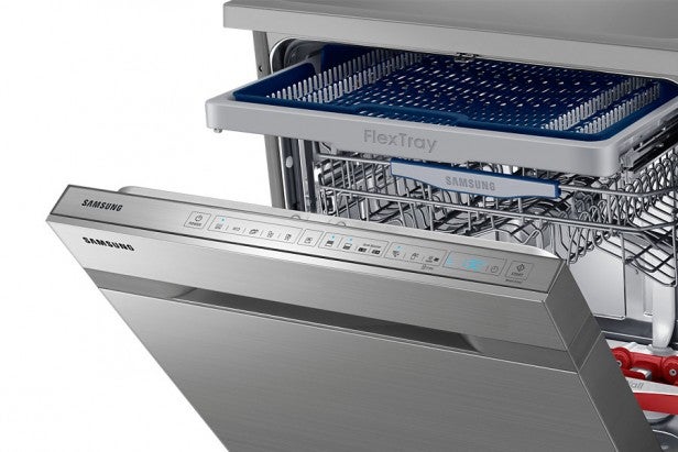 Samsung dishwasher DW60H9970FS open showing racks and controls.