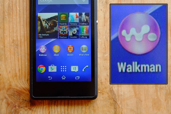 Sony Xperia E3 smartphone displaying apps with Walkman icon.