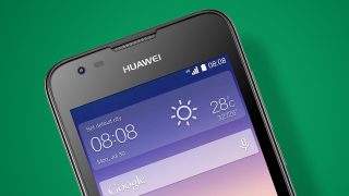 Huawei Ascend Y550 smartphone displaying weather widget