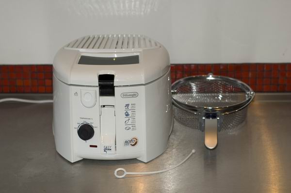 DeLonghi RotoFry F28311 deep fryer with open lid and basket.