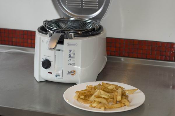 DeLonghi RotoFry F28311 deep fryer with cooked fries on plate.