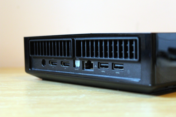 Close-up of Alienware Alpha's rear ports and ventilation grille.