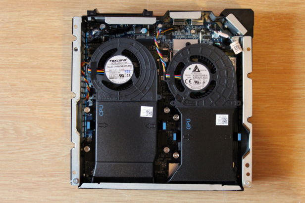 Inside view of an open Alienware Alpha showing components.