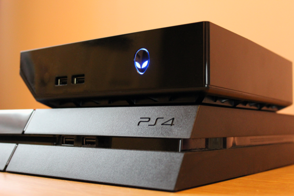 Alienware Alpha console stacked on a PS4.