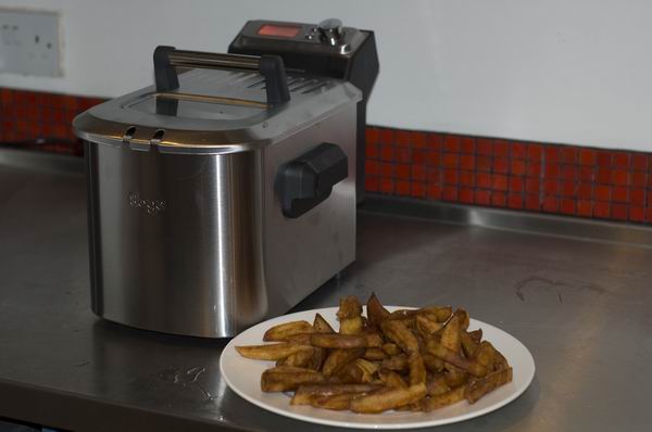 Sage Smart Fryer with a plate of fried potatoes.