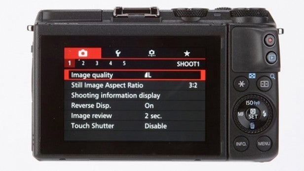 Canon EOS M3 camera showing settings on LCD screen