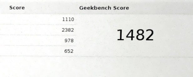 Graph showing Geekbench performance scores with a score of 1482 highlighted.