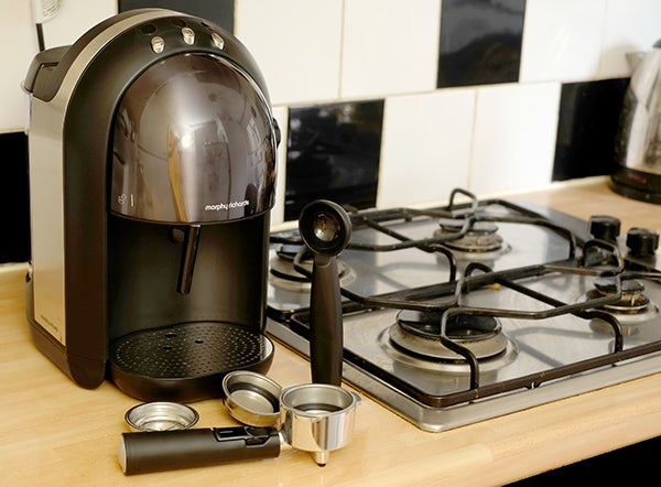Morphy Richards Accents Espresso machine with accessories on kitchen counter.