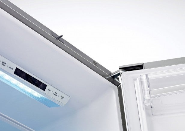 LG GBB530NSCFE fridge freezer interior with LED display.