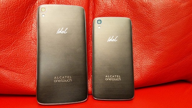 Two Alcatel OneTouch Idol 3 smartphones on red background