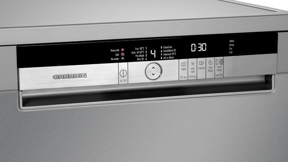 Close-up of Grundig dishwasher control panel with LED display.