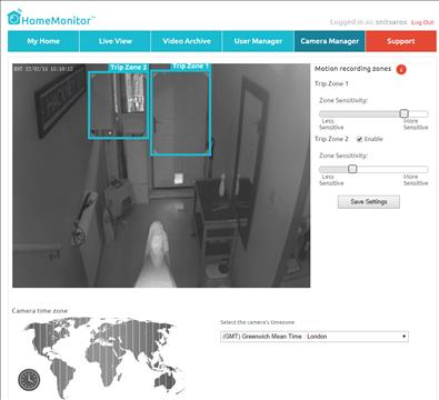 Y-cam HomeMonitor interface showing live camera view with motion zones