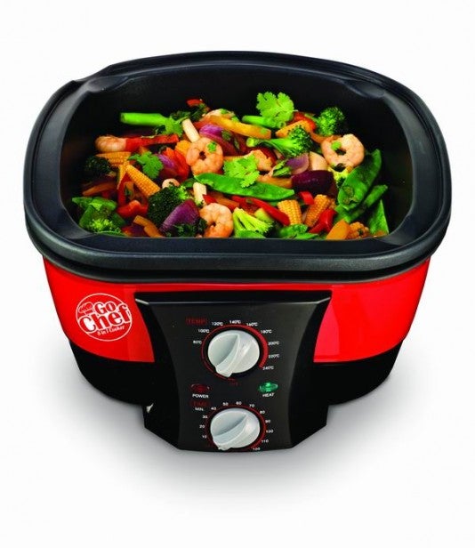 JML GoChef cooker with vegetables and control panel visible.