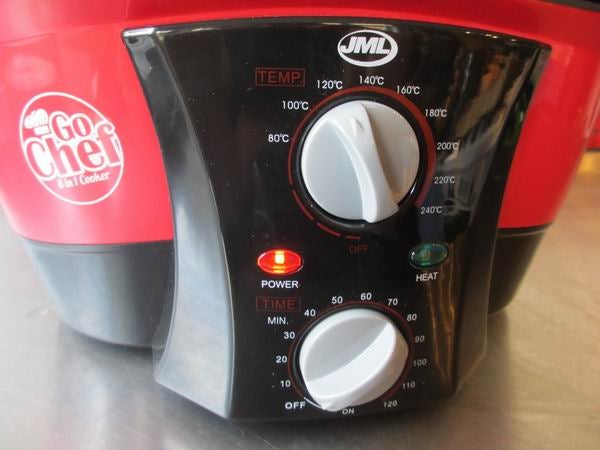 JML GoChef cooker control panel with temperature and timer dials.