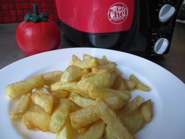 French fries on plate with JML GoChef cooker in background.