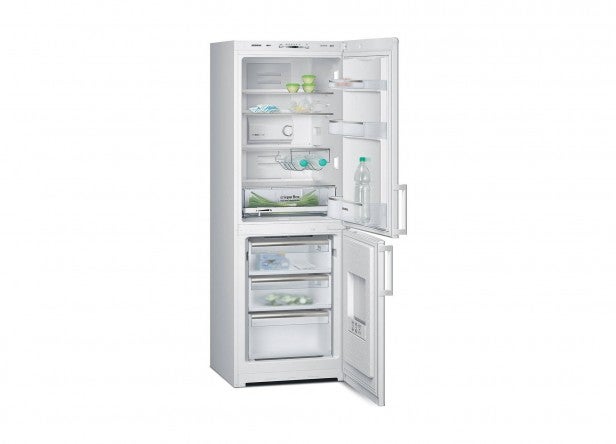 Siemens KG30NVW20G fridge freezer open showing shelves.