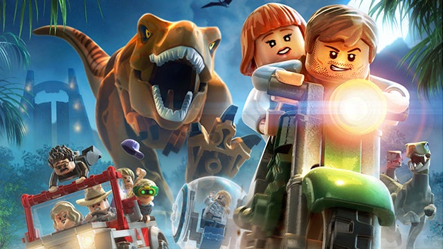Lego Jurassic World characters and dinosaur in action scene.