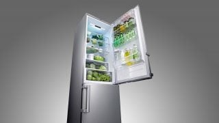 LG GBB530NSCFE fridge freezer with open door showing contents.