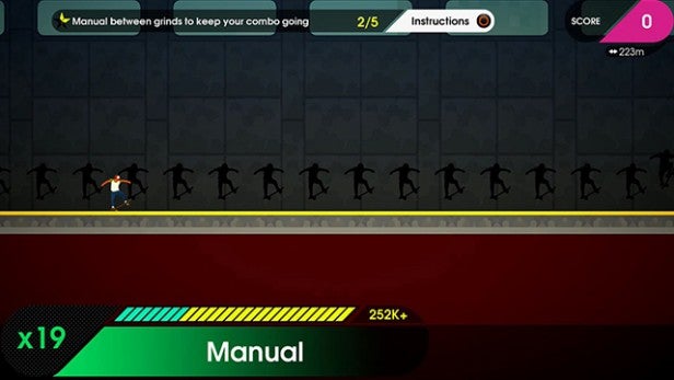 Screenshot of OlliOlli 2 gameplay with combo instructions.