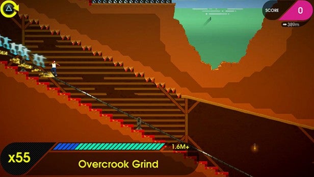 Screenshot of OlliOlli 2 gameplay featuring an Overcrook Grind.