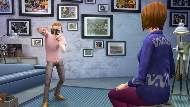 Sims 4 Get To Work gameplay screenshot with photography action.