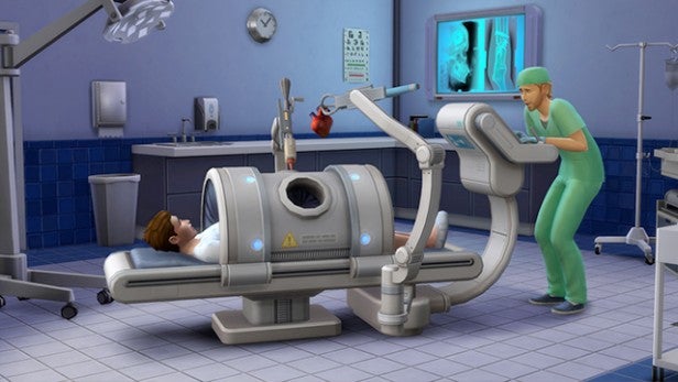 Screenshot of The Sims 4 Get To Work hospital gameplay.