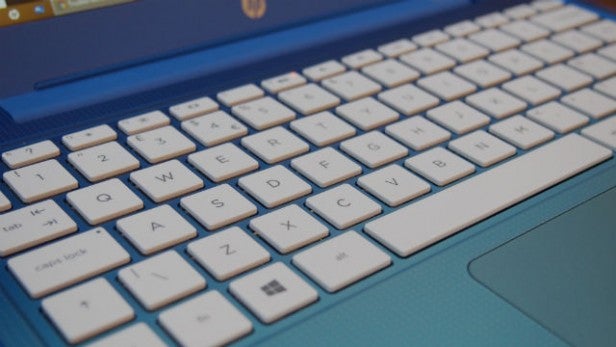 Close-up of laptop keyboard for product review.