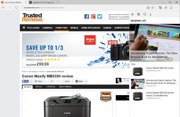 Screenshot of Trusted Reviews website with printer review and ads.Screenshot of Microsoft Edge browser showing Trusted Reviews website