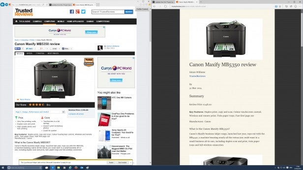 Screenshot of Canon Maxify MB5350 printer review webpage.Screenshot of a Canon Maxify MB5350 review on Microsoft Edge browser.