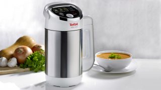 Tefal Easy Soup maker with vegetables and bowl of soup.