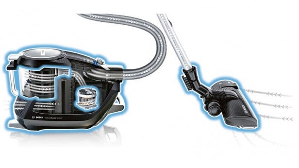Bosch GS50 PowerSilence vacuum cleaner with transparent features display.