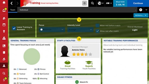 Screenshot of Football Manager Classic 2015 training interface.