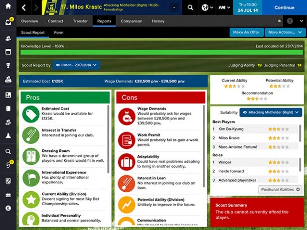 Screenshot of Football Manager Classic 2015 player scouting report.