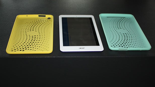 Acer Iconia One 8 tablet with yellow and teal cases.