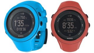 Blue and red Suunto Ambit3 Sport watches displaying metrics