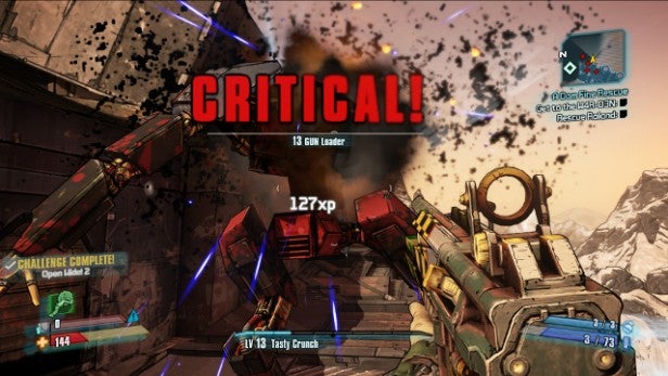 Screenshot of gameplay from Borderlands: The Handsome Collection.Screenshot of critical hit in Borderlands: The Handsome Collection game.Screenshot from Borderlands game showing character and combat damage.